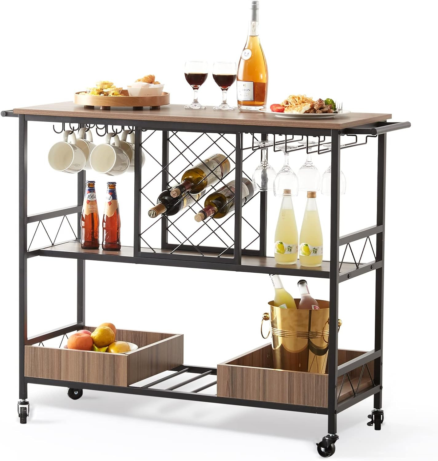 VEVOR Bar Cart, Home Serving Cart, 3 Tiers 300LBS Load Industrial Rolling Kitchen Cart on Lockabl... | Amazon (US)