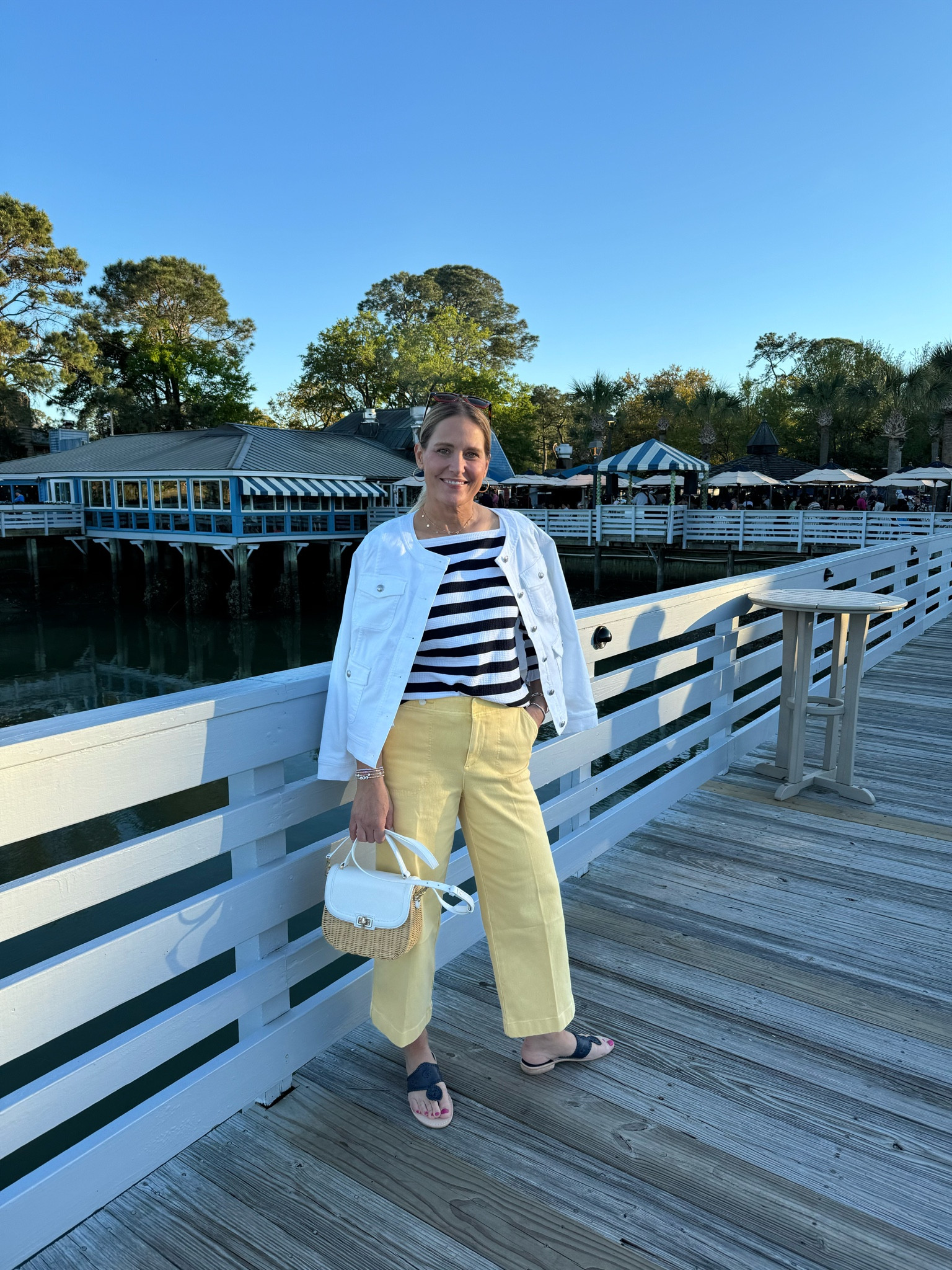 Yellow pants are everywhere this season!  French runways and on the pier!  Love them! True to size or even size down one with the stretch depending on how you like pants to fit. We did our normal 10 but could have done 8. Shirts jackets all size medium. Love the bags too! Adorable, classic style!

#LTKover40 #LTKstyletip #LTKsalealert