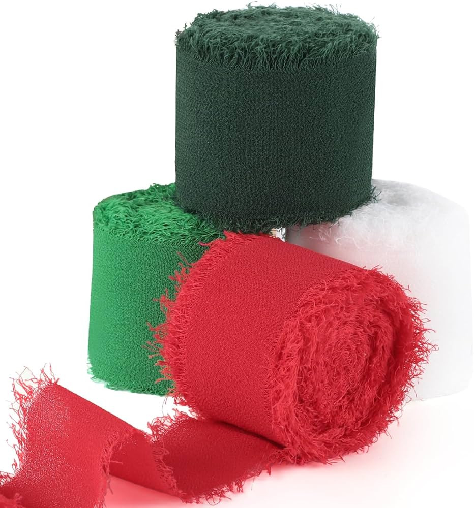 4 Rolls Christmas Ribbons Handmade Fringe Chiffon Silk Ribbon 1.5" x 8Yd Set for Christmas Party ... | Amazon (US)