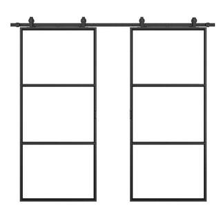 CALHOME 72 in. x 84 in. Clear Glass Black Steel Frame Interior Double Sliding Barn Door with Hard... | The Home Depot