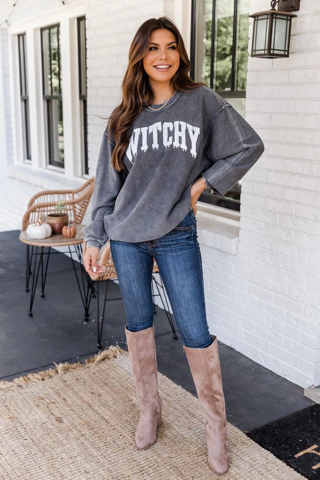 Witchy Varsity Charcoal Corded Graphic Sweatshirt | Pink Lily