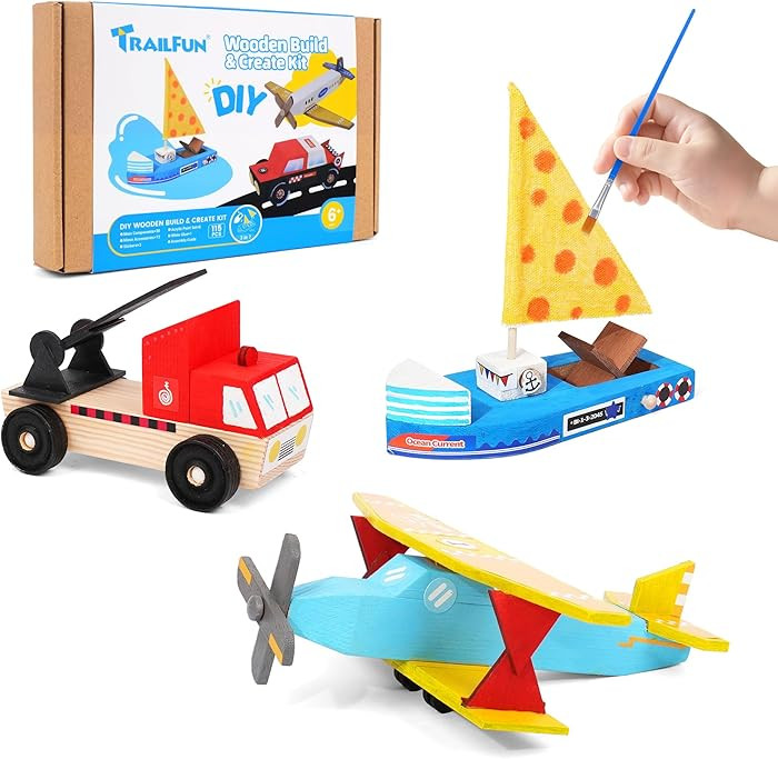 Wooden Build Paint Art Crafts Kit, Make Your Own Car Boat & Plane DIY Craft Toys for Kids Boys, S... | Amazon (US)