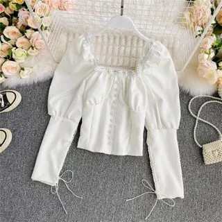 Lace Square-Neck Faux-Pearl Puff Long-Sleeve Crop Top | YesStyle Global