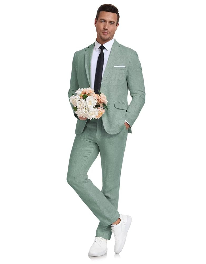 Men's Linen Suit 2 Piece Slim Fit Summer Beach Wedding Dress Tux Prom Suit Blazer Jacket and Pant... | Amazon (US)