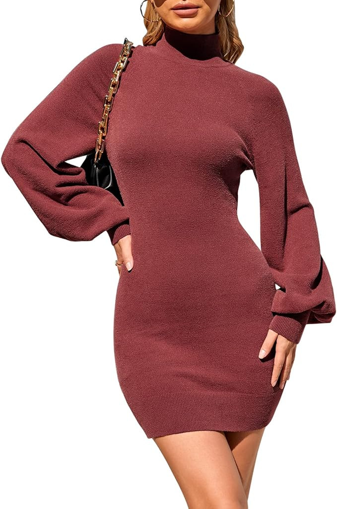 EXLURA Womens Smockneck Puff Long Sleeve Bodycon Pullover Cute Mini Sweater Dress | Amazon (US)