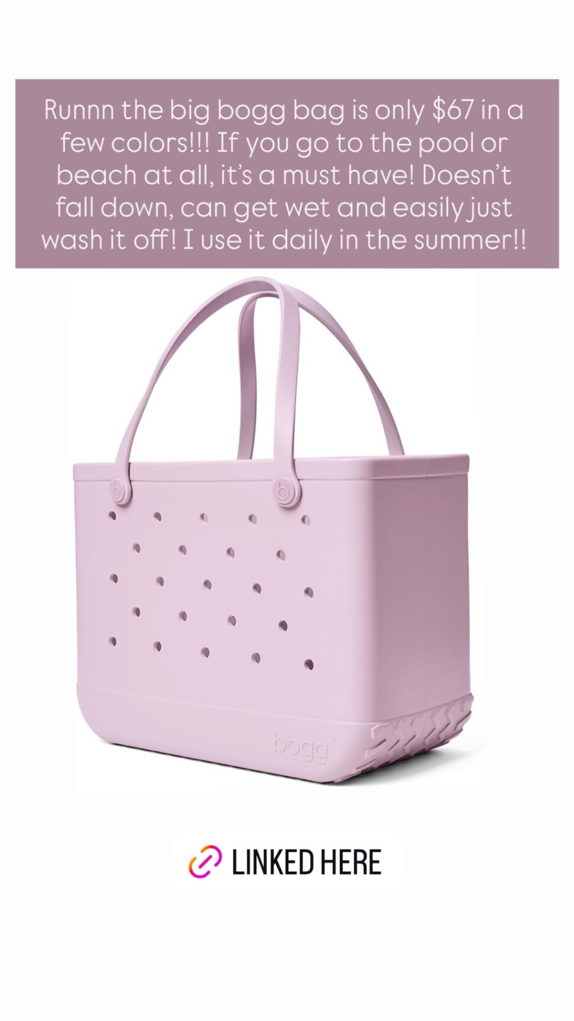 Runnn the big bogg bag is only $67 in a few colors!!! If you go to the pool or beach at all, it’s a must have! Doesn’t fall down, can get wet and easily just wash it off! I use it daily in the summer!!