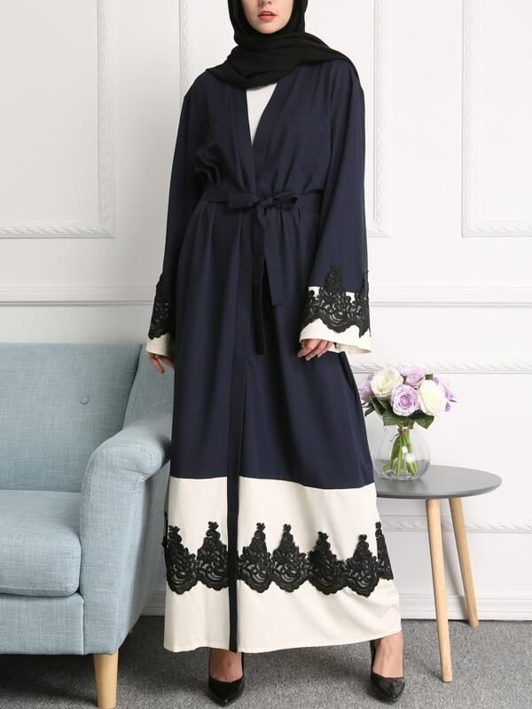 Color Block Lace Appliques Embellished Belted Longline Abaya | SHEIN