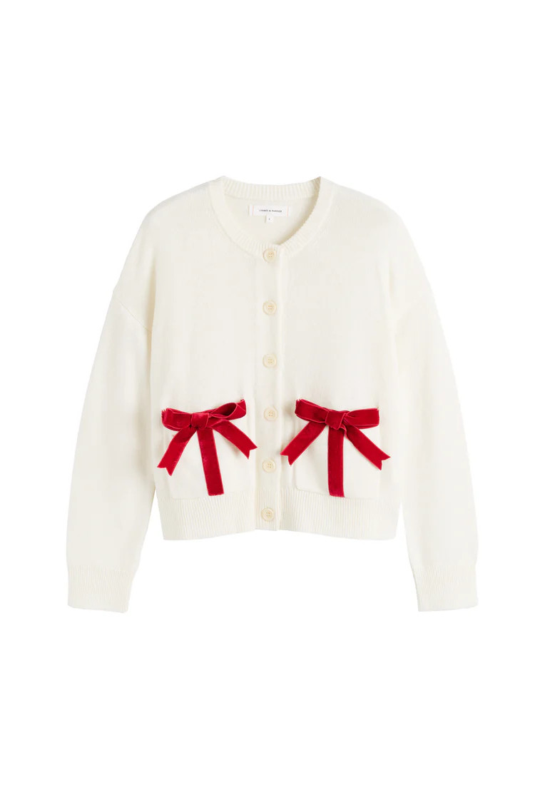Cream Wool-Cashmere Velvet Bow Cardigan | Chinti & Parker