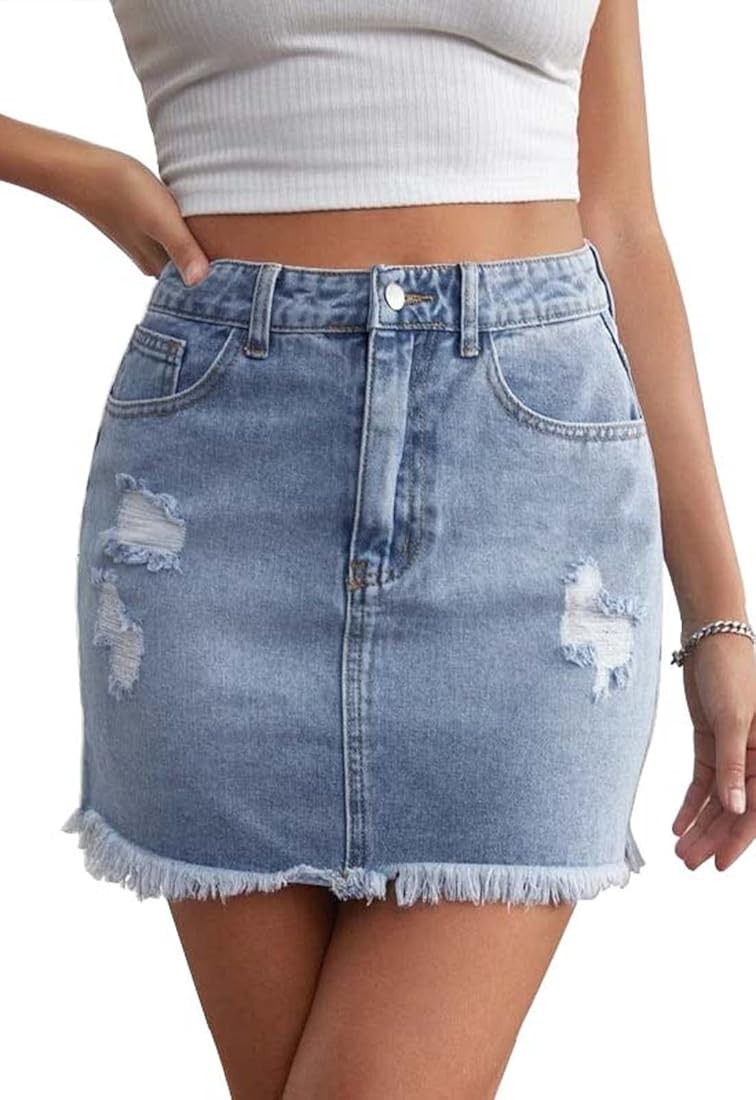 Women’s Bodycon Denim Mini Skirt High Waist Casual Washed Frayed Stretchy Jean Skirts with Pock... | Amazon (US)
