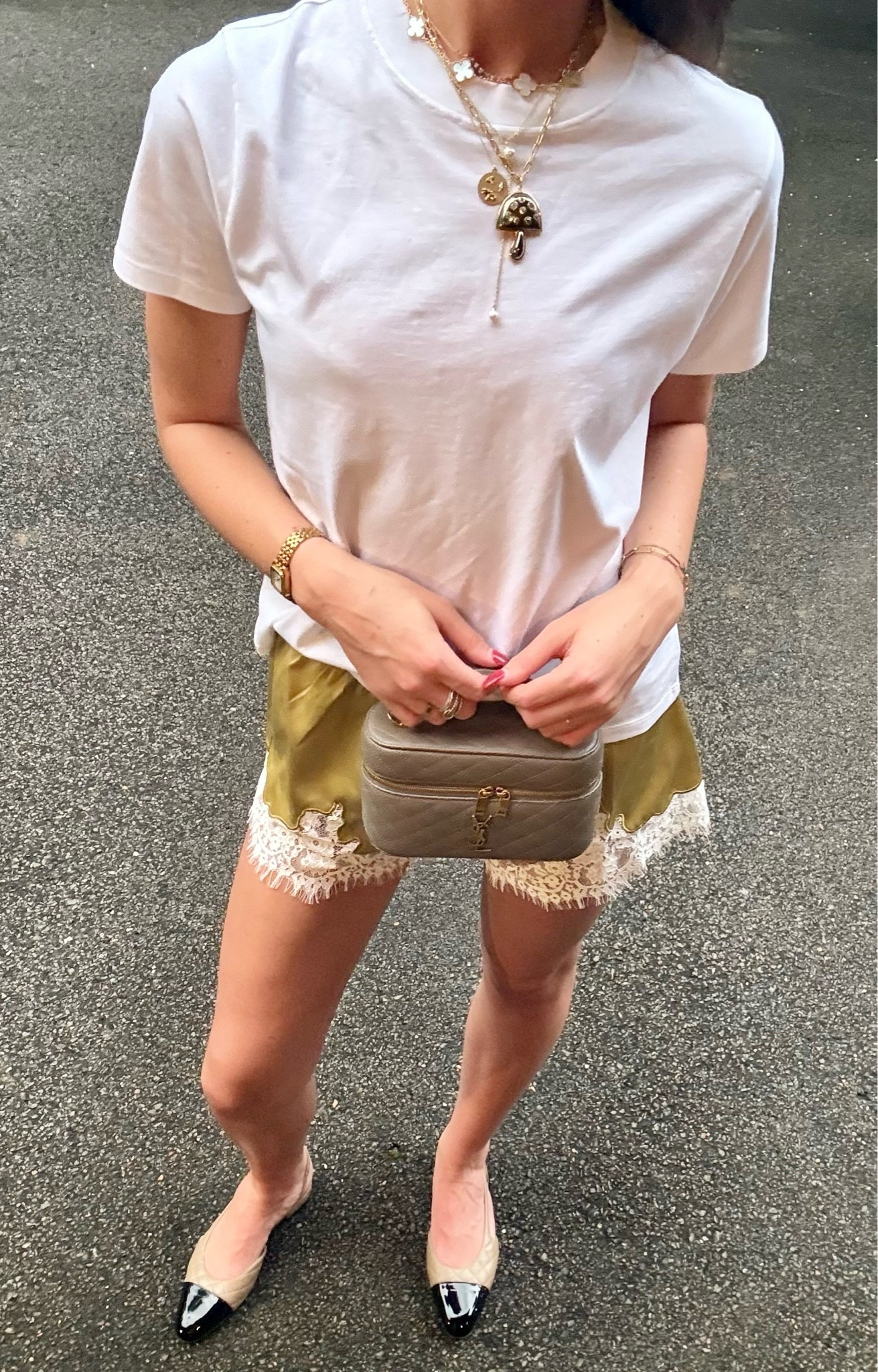 Chartreuse lace shorts outfit.

summer outfit ideas, summer outfits women, cute summer outfit, summer fashion 2026, summer outfit inspo, elevated casual outfit, chic summer outfit, effortless summer style, white t shirt outfit, basic white tee outfit, white tee styling, satin shorts outfit, lace shorts outfit, olive green shorts, green shorts outfit, silk shorts outfit, feminine summer outfit, neutral summer outfit, casual luxe outfit, designer accessories outfit, YSL bag outfit, vanity bag outfit, layered necklace outfit, statement necklace outfit, gold jewelry outfit, summer jewelry, everyday summer outfit, summer brunch outfit, summer vacation outfit, classy summer outfit, trendy summer outfit, summer fashion finds, shop my outfit

#LTKTall #LTKTravel #LTKootd