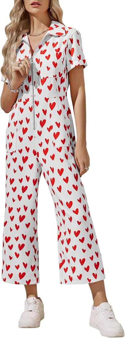 Zwurew Valentine's Day Women's Short Sleeve Jumpsuits Love Heart Graphic Zip Up Long Pants Romper... | Amazon (US)