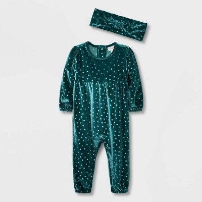 Baby Girls' Dot Velour Long Sleeve Romper - Cat & Jack™ Green | Target