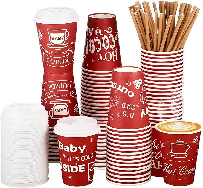 Suttmin 48 Pcs Hot Cocoa Bar Disposable Coffee Cups It's Cold Outside Coffee Paper Cup with Lid a... | Amazon (US)
