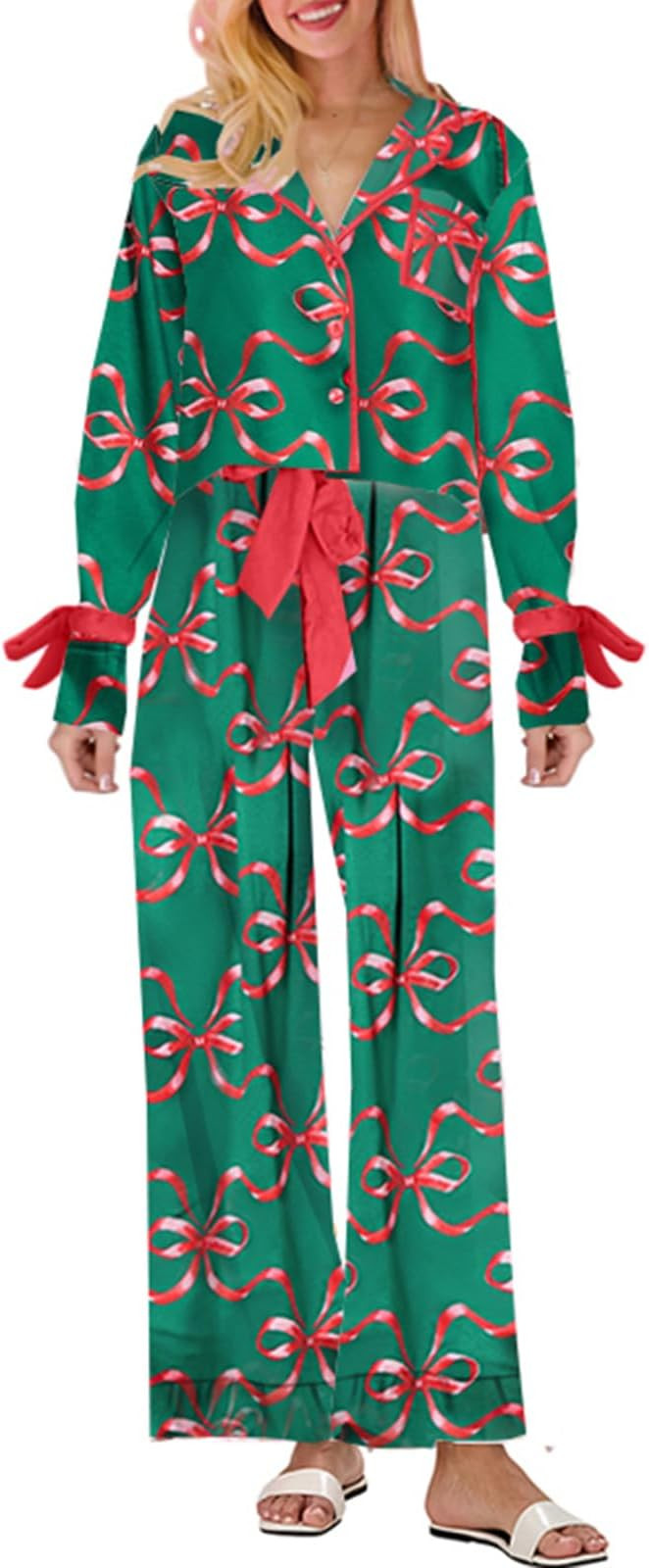 Luckinbaby Women Christmas Satin 2 Piece Pajamas Set Bow Tie Long Sleeve Shirts Pants Santa Claus... | Amazon (US)