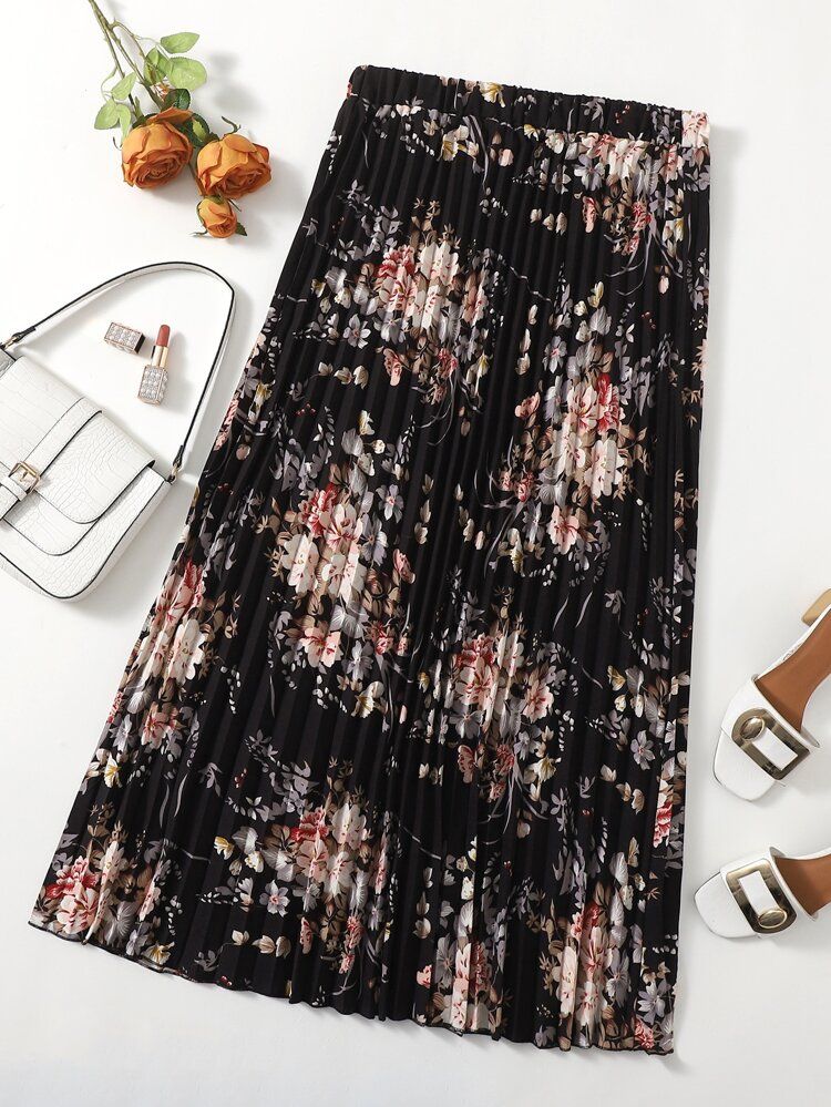 Plus Floral Maxi Pleated Skirt | SHEIN