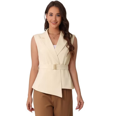 INSPIRE CHIC Women's Belted Lapel Collar Work Sleeveless Vest Beige Medium | Target