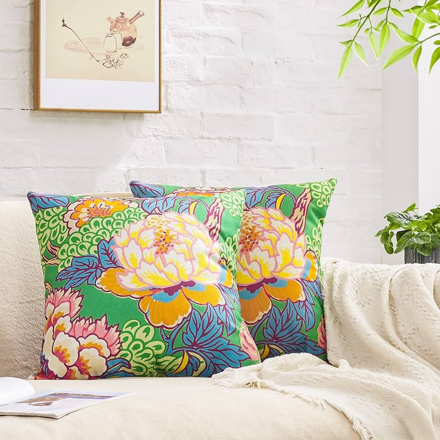 BLESFEST Pack of 2, Chinoiserie Pillow Cover 20 x 20 Inch Peony Floral Pillow Covers Linen Flower... | Amazon (US)