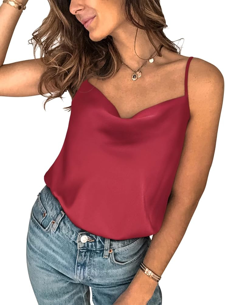Saslax Satin Drape Cowl Neck Sleeveless Spaghetti Strap Cami Backless Bodysuit Tank Tops | Amazon (US)