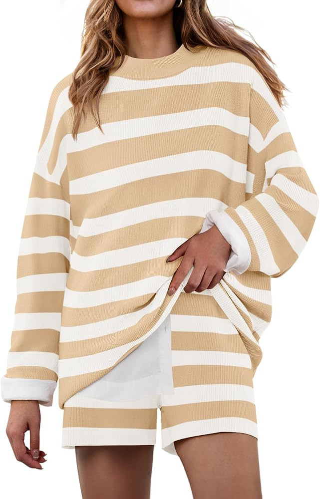 ZESICA Striped Lounge Sets for Women Fall 2025 2 Piece Oversized Outfits Long Sleeve Tops and Sho... | Amazon (US)