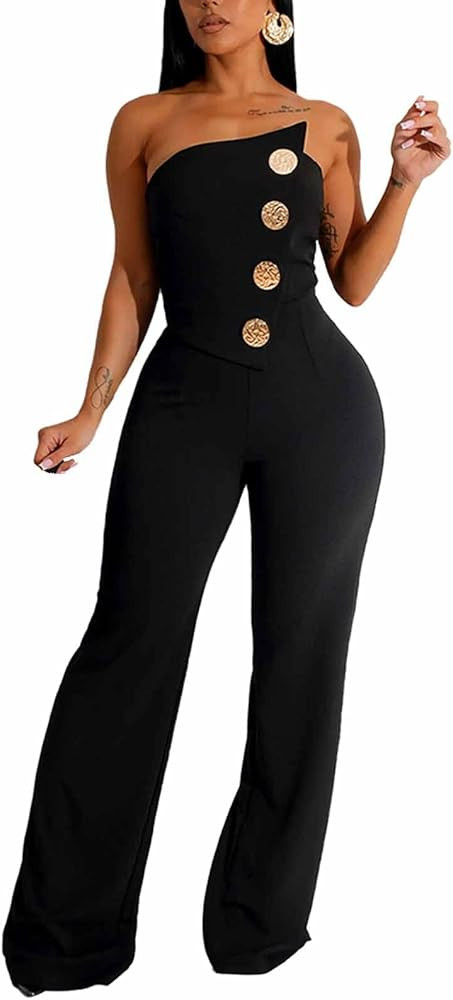 Yuopeid Women's Sexy Strapless Off Shoulder Bodycon Tube Top Overalls Jumpsuit Wide Leg Pants For... | Amazon (US)
