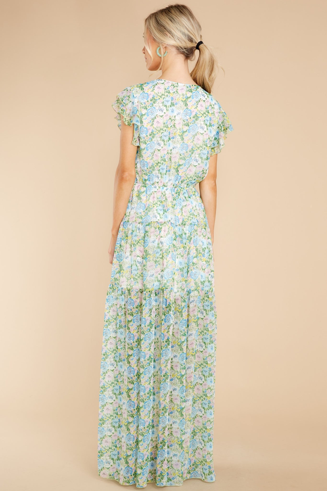 Bouquet Of Happy Green Floral Print Maxi Dress | Red Dress 