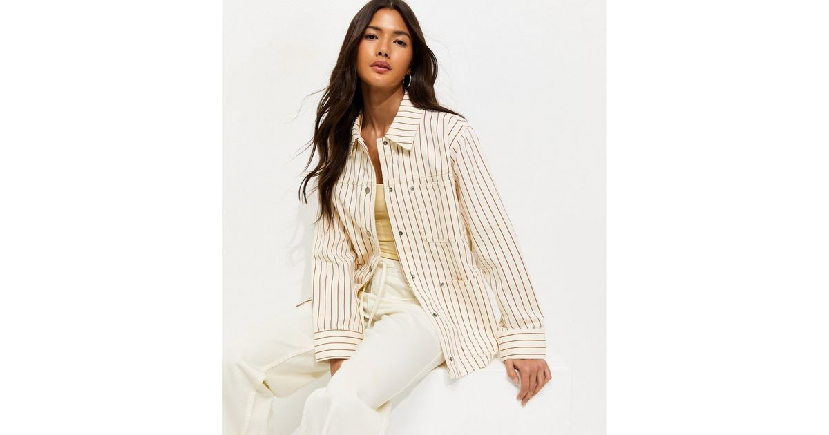 Cream Stripe Longline Cotton Shacket | New Look | New Look (UK)