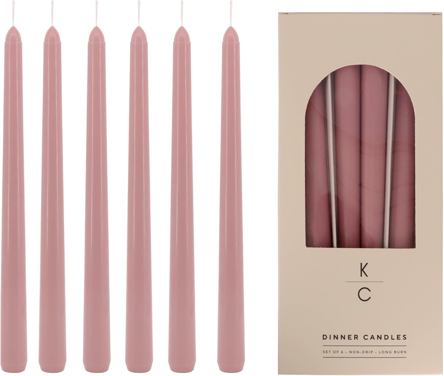 Tapered Dinner Candles, Pack of 6 – Soy & Paraffin Wax Blend, 10-Inch Dripless Taper Candles with 7-Hr. Clean Burn – Smokeless Unscented Tapers for Weddings, Dinner Tables & Home Decor – Dusty Rose | Amazon (US)
