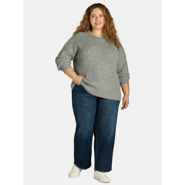 Time and Tru Women's and Women's Plus Waffle Stitch Sweater with Long Sleeves, Midweight, Sizes X... | Walmart (US)
