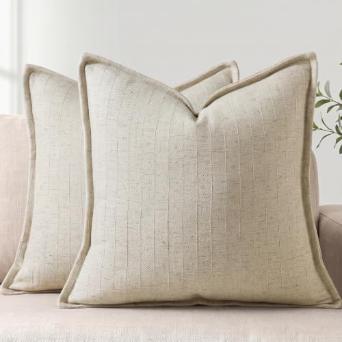 20x20 Linen Pillow Covers Natural Beige Pack of 2 Farmhouse Boho Neutral Accents Striped Textured... | Amazon (US)