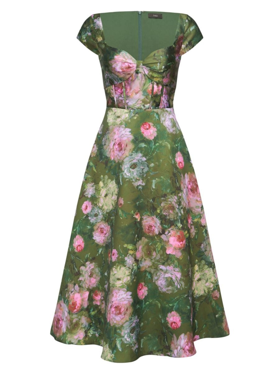 Shop Theia Libby Floral Satin Midi-Dress | Saks Fifth Avenue | Saks Fifth Avenue