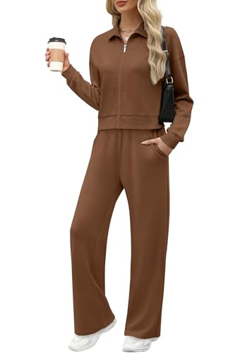 XIEERDUO Lounge Sets for Women Fall Fashion 2024 Trendy Loungewear Set Sweatshirt Wide Leg Sweatpant Outfits Brown S | Amazon (US)
