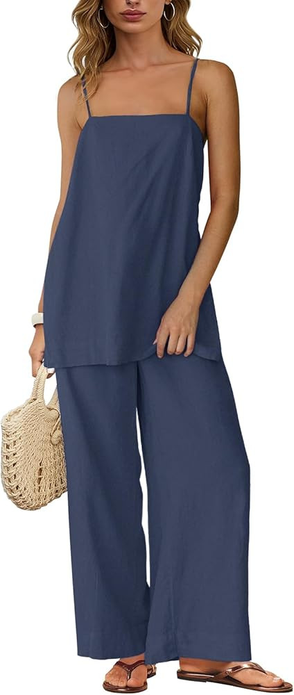 Linen Sets for Women 2 Piece Summer Spaghetti Strap Top Wide Leg Pant Set Beach Vacation Travel O... | Amazon (US)