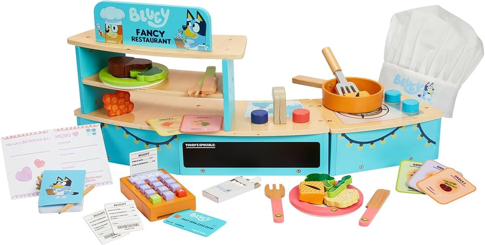 Bluey – Tabletop Restaurant – 32 Piece Wooden Roleplay Toy with Cutlery & Pretend Food Access... | Amazon (US)