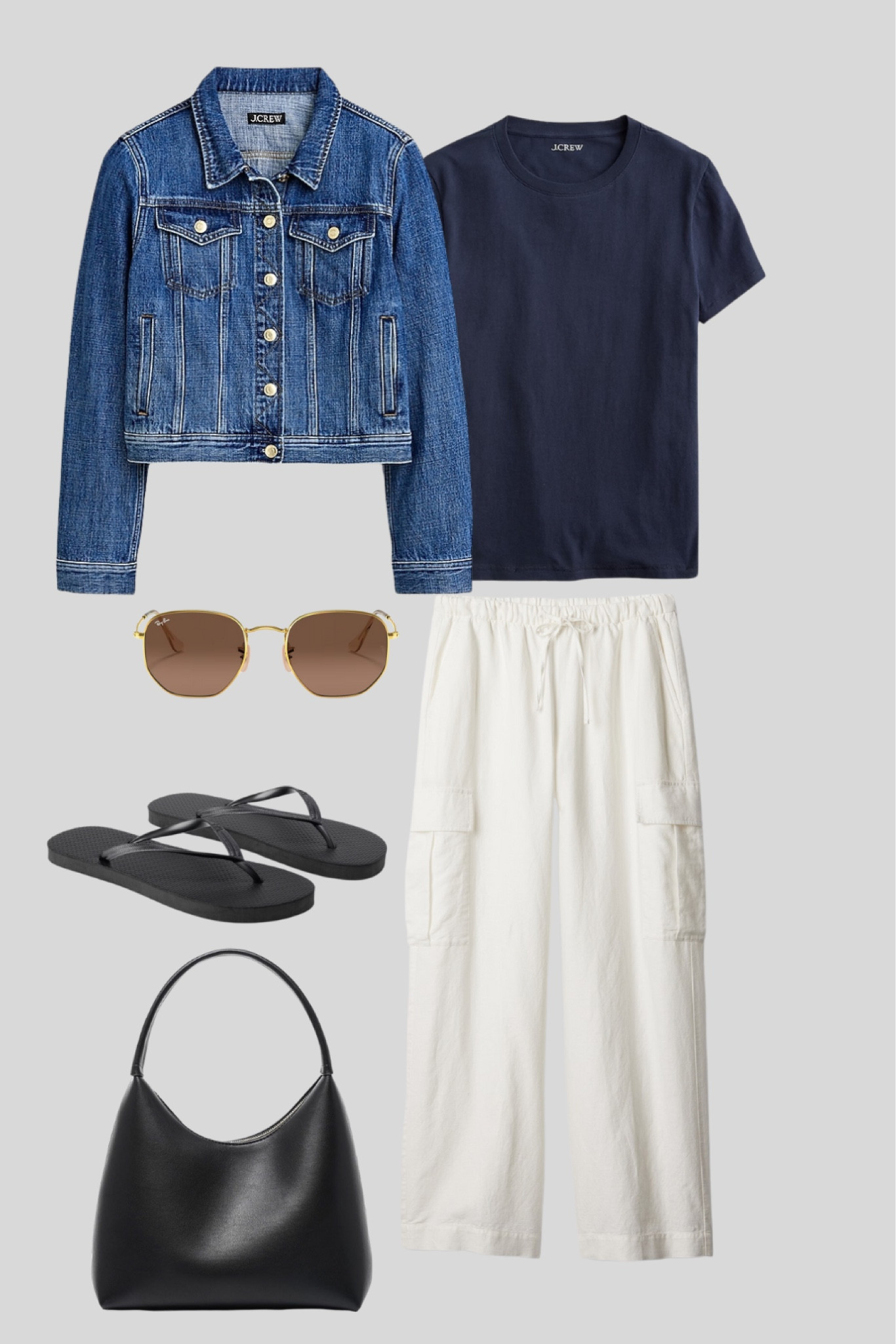 Jennifer Aniston outfit
Denim jackets 
Jean jackets
White cargo pants 
Flip flops
Crewneck t shirts 
Black shoulder bags
90s outfits 
Easy outfits 
Casual outfits 