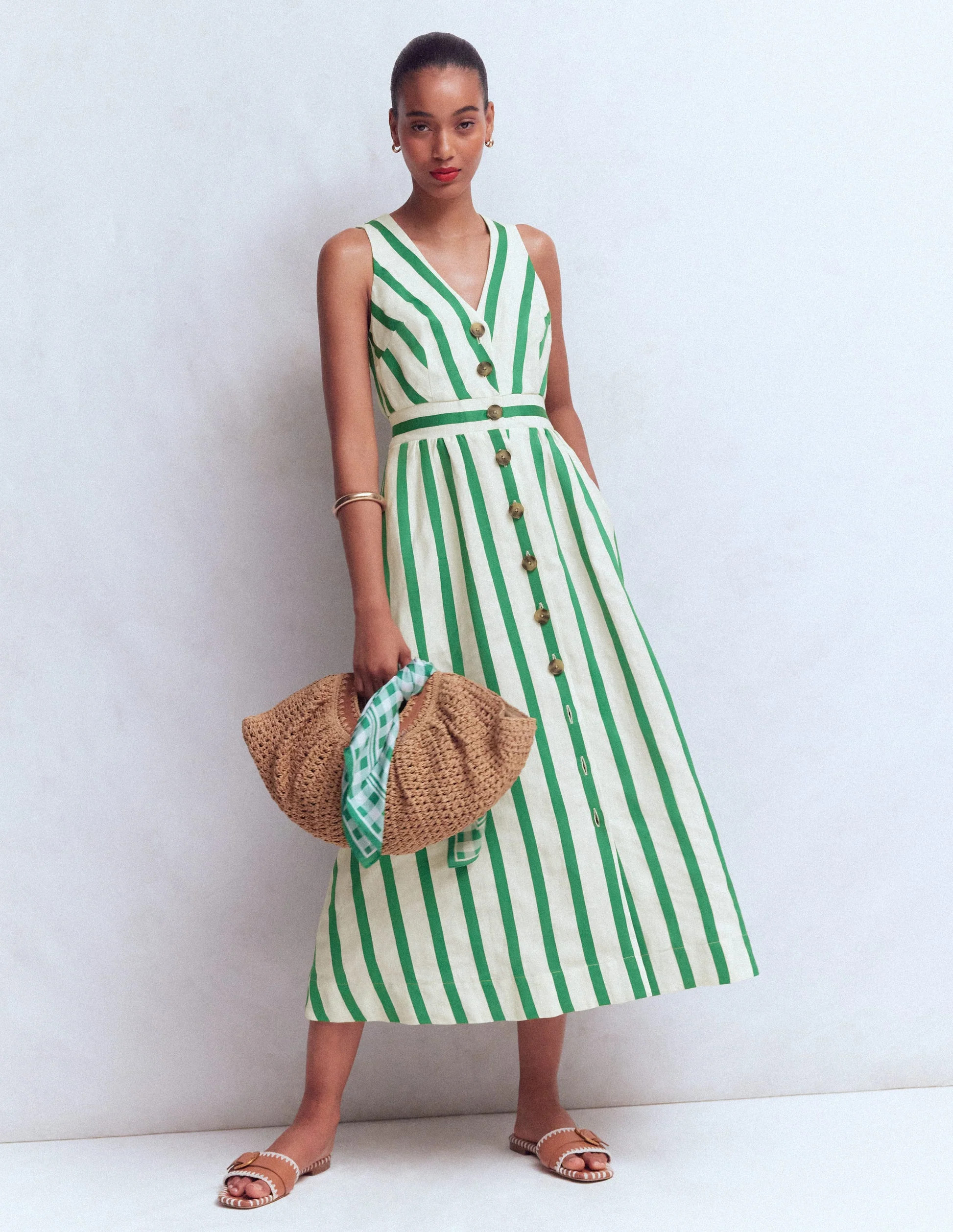 Catherine Button Linen Dress-Ivory and Green Satin Stripe | Boden UK