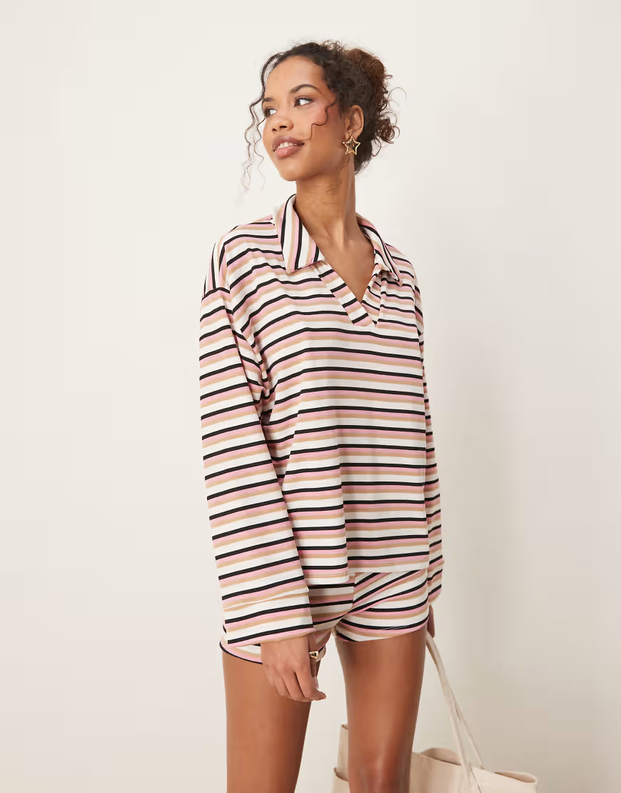 ASOS DESIGN long sleeve rugby collar top in pink stripe-Multi | ASOS (Global)
