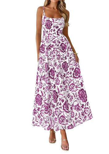 PRETTYGARDEN Womens 2026 Spring Boho Maxi Dress Eyelet Floral Long Flowy Sundresses Summer Beach Vacation Clothes (Floral White Purple,Small) | Amazon (US)