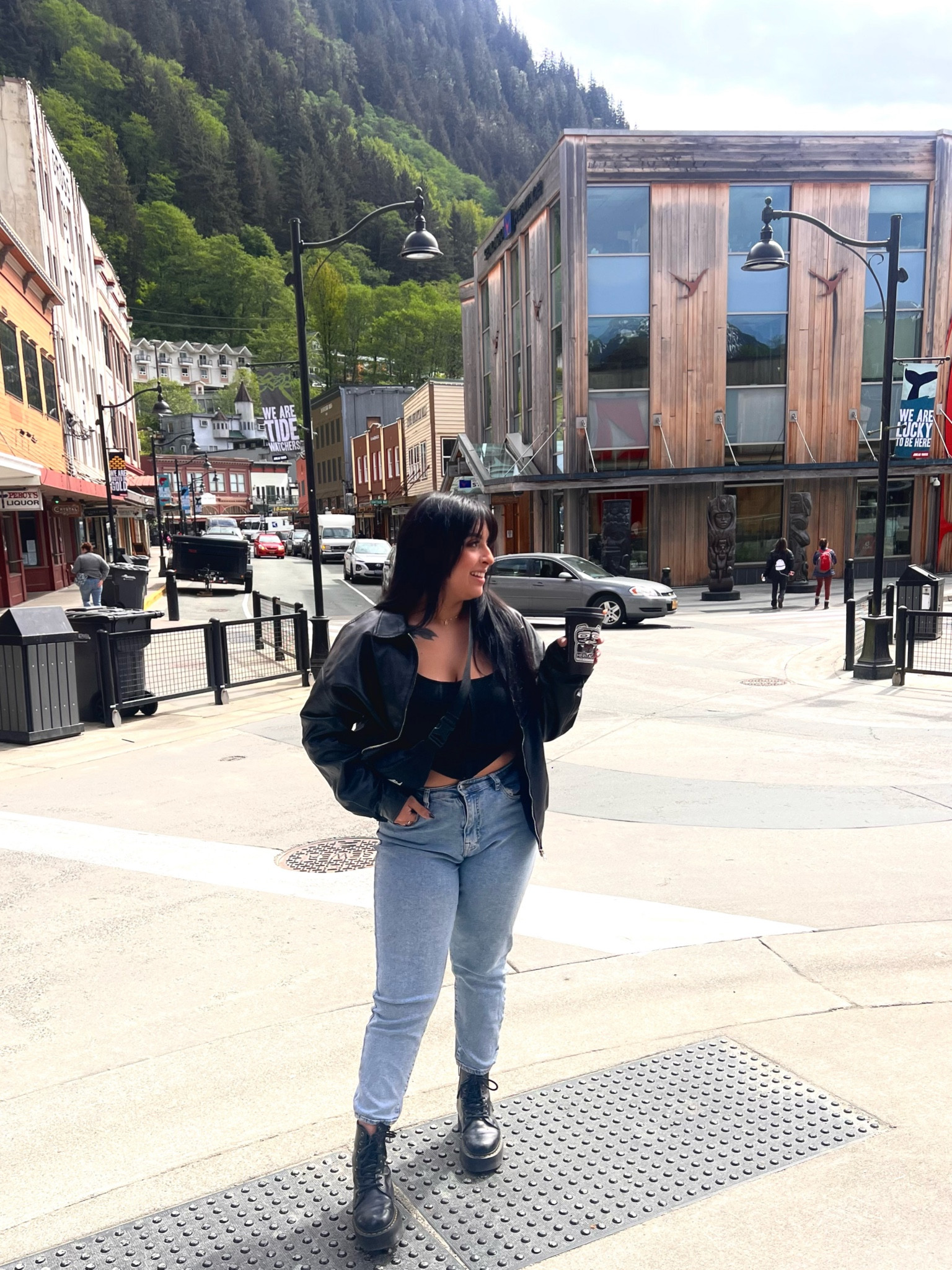 My trip to Alaska fit! 
A long sleeve corset top, with mom jeans, a black leather jacket and black docs 

#LTKSeasonal #LTKU #LTKtravel