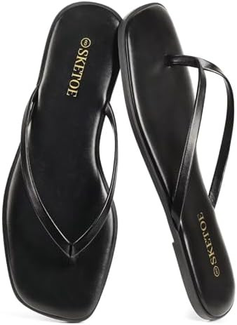 Flip Flops for Women Square Toe Flat Sandals for Women Comfortable Thong Sandals Leather Flip Flo... | Amazon (US)