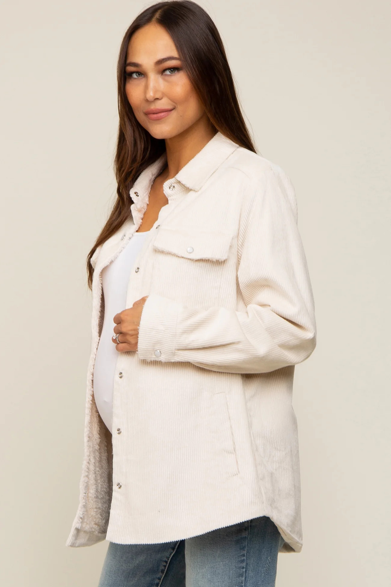 Pink Corduroy Sherpa Lined Maternity Shacket | PinkBlush Maternity