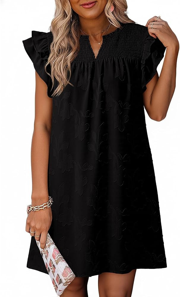 Dokotoo Womens Summer Dresses 2026 Ruffle Short Sleeve Casual V Neck Smocked Floral Burnout Mini ... | Amazon (US)