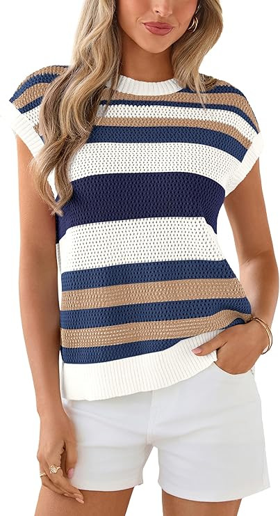 dowerme Womens Spring Tank Tops 2026 Cute Cap Sleeve Crewneck Color Block Crochet Sweater Vest St... | Amazon (US)