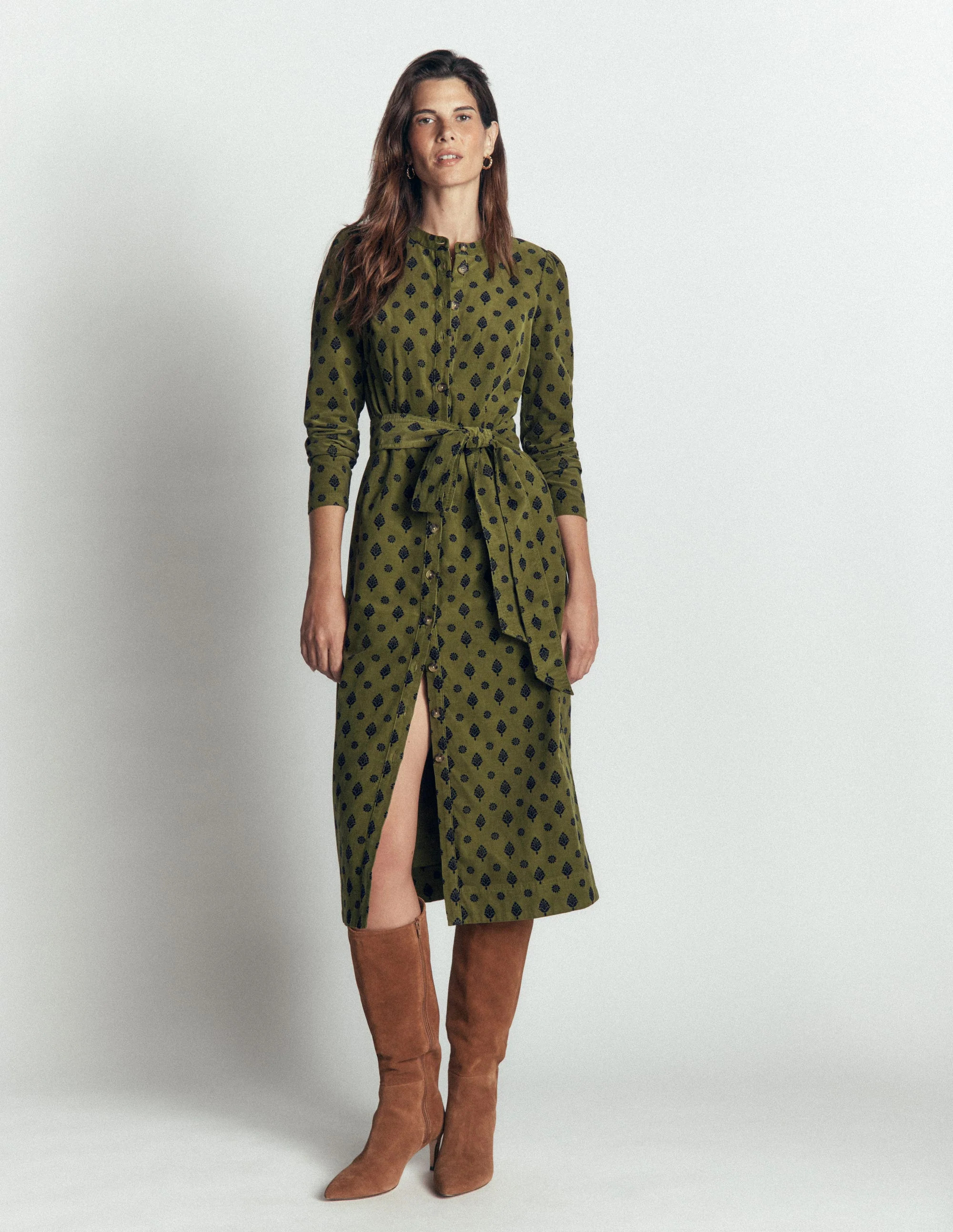 Louise Cord Midi Shirt Dress-Olive, Ornate Gardenia Stamp | Boden (US)