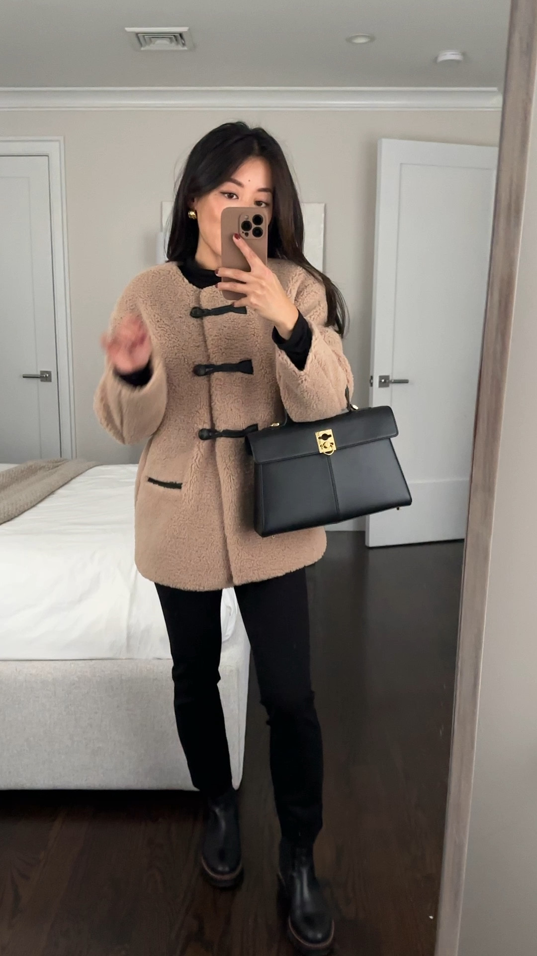 Linked a similar jacket (looks a little more plush) that’s fully stocked starting in xxs!

• jcrew factory sherpa coat in petite xxs. Cozy and warm for a fall weight jacket. This is cut oversized fit with room to layer

• quince pants 0 25” inseam. Runs a little small as these are snug on me. 

With these pants I would ideally do boots that have a slimmer calf fit like my gentle souls booties linked. 


• Chelsea boots size 5. Size down if between sizes. 

• cafune stance bag not linkable

• mock neck Xs petite 

Casual outing holiday shopping outfit 

#LTKHoliday 

#LTKSaleAlert #LTKFindsUnder50