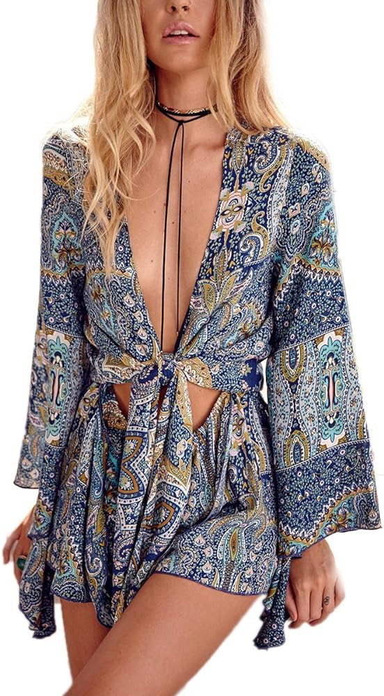 AELSON Women's Boho Blue Floral Romper Outfits Vacation Rompers Long Sleeve Romper With Sleeves | Amazon (US)