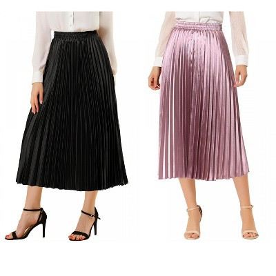 Allegra K Women's Party Elastic Waist Metallic Shiny Pleated Midi Skirt 2 Pcs Small Black/Rose Purple | Target