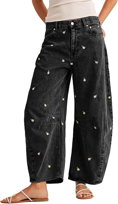 loveimgs Women Boyfriend Baggy Barrel Jeans Mid Rise Wide Leg Jeans Embroidered Denim Ankle Pants... | Amazon (US)