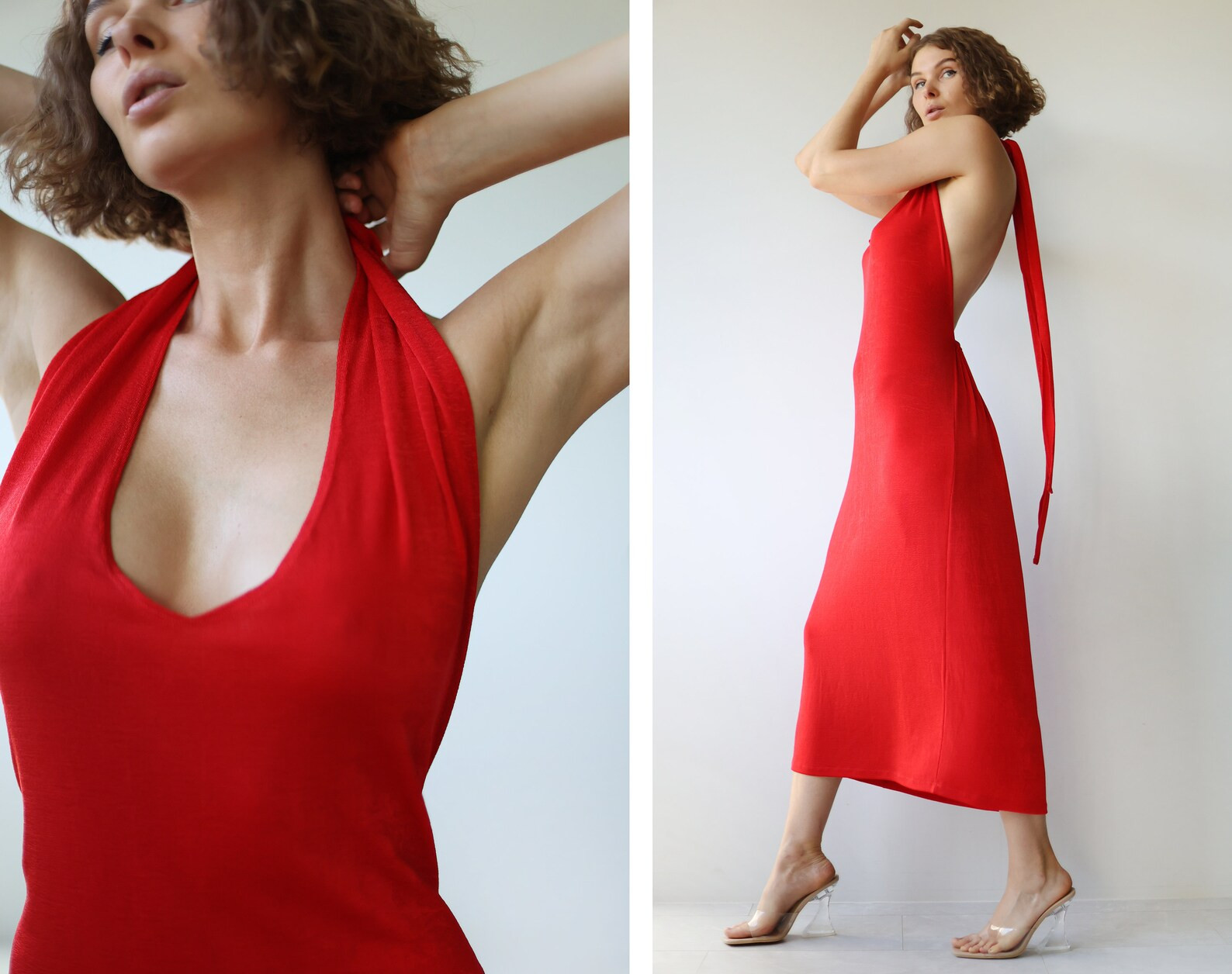 Vintage Red Fitted Backless Low Open Back Halter Neck Evening - Etsy | Etsy (US)