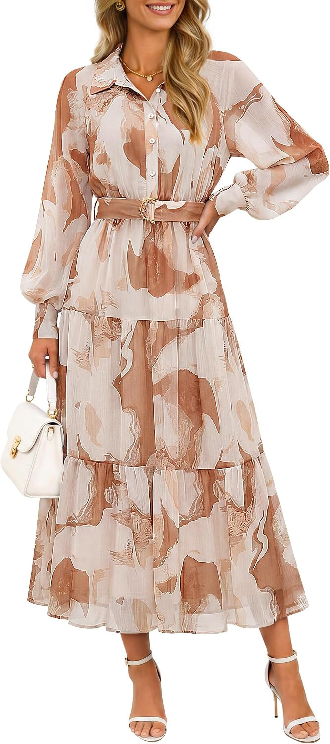 ZESICA Women's Long Sleeve Floral Casual Flowy Wedding Guest Maxi Dresses | Amazon (US)