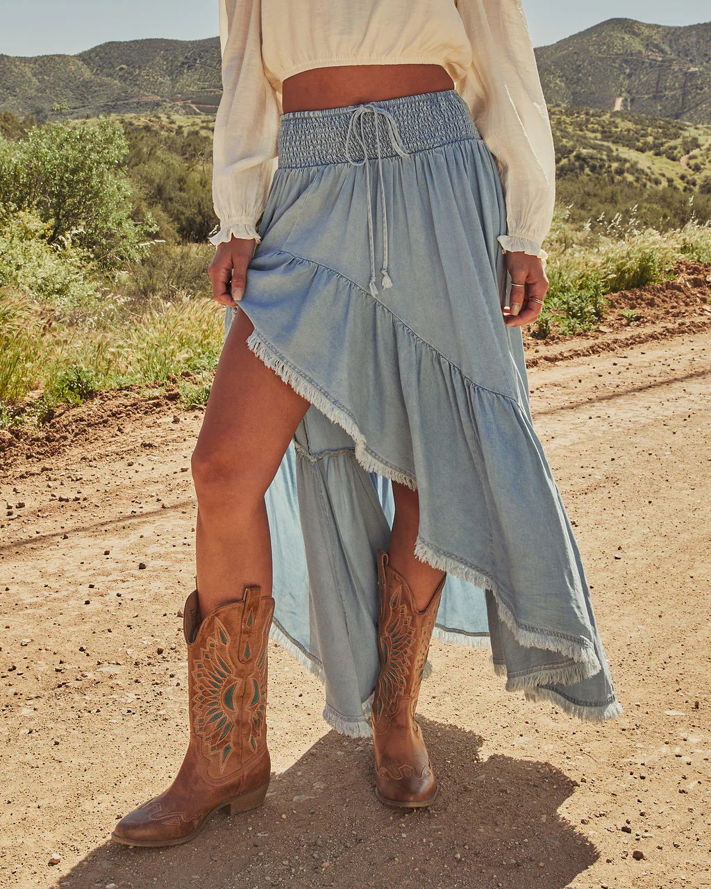 Prairie Rebel Frayed High Low Denim Maxi Skirt | VICI
